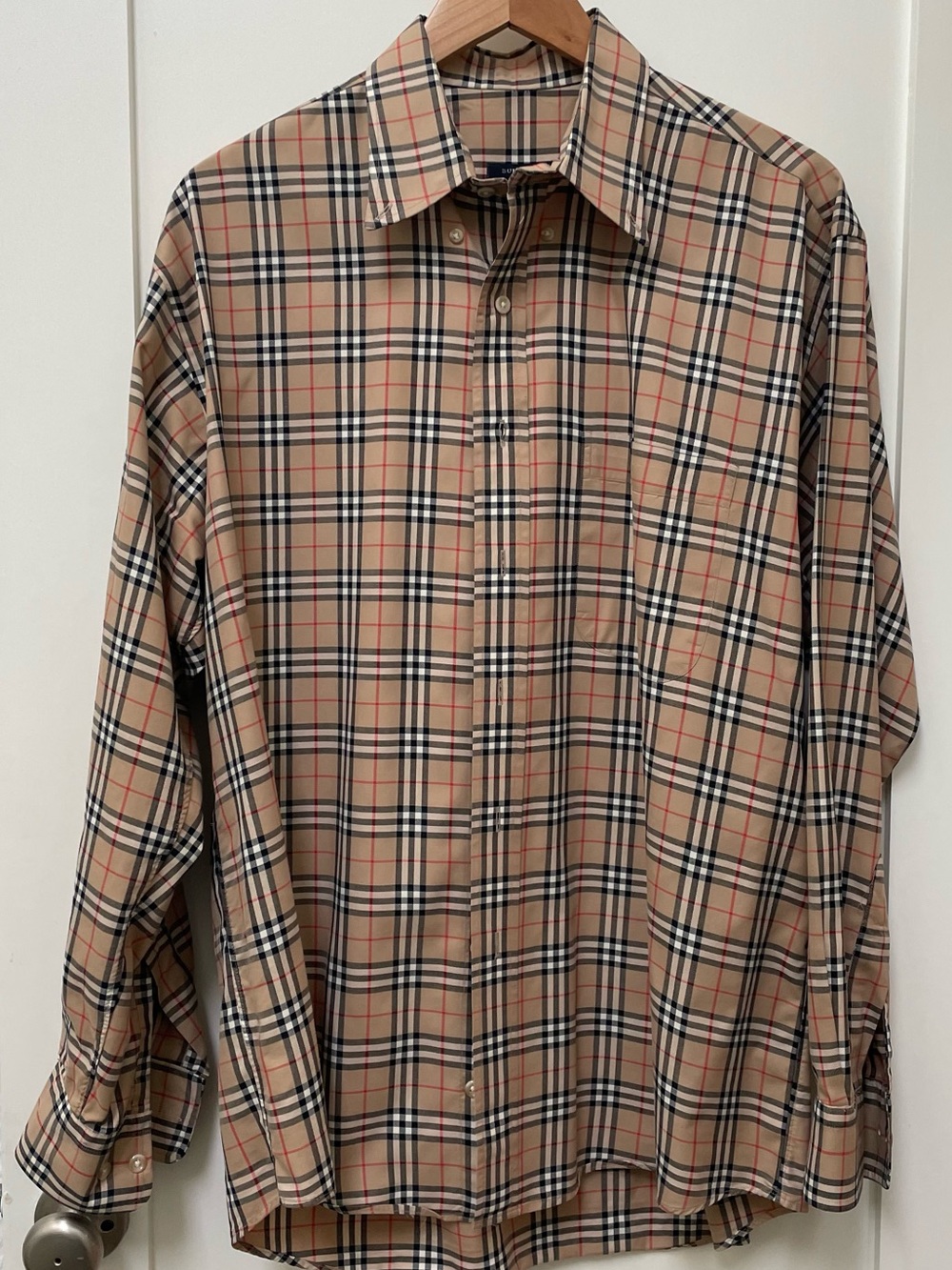 Vintage Burberry London Nova Check Plaid LRG 100% Cotton Made in USA Button Down